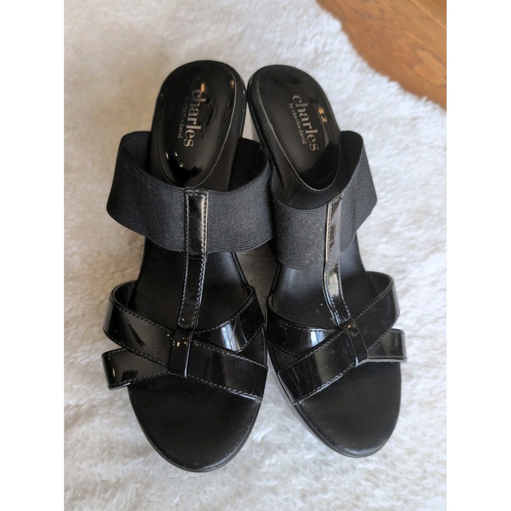 Charles by Charles David Black Elastic Patent Wedge Platform Sandals Size 8.5M